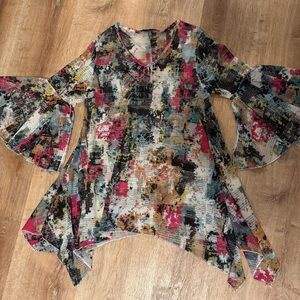 Dor Dor Couture Mesh Tunic Top M Bell Sleeve Boho Watercolor Sharkbite EUC